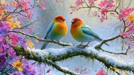 Obraz premium Two Lovebirds in a Snowy Blossom Tree: A pair of vibrant, colorful lovebirds perch on a snow-dusted branch, surrounded by delicate pink and purple blossoms.