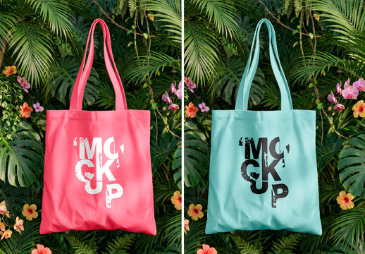Blank tote bag hanging in tropical jungle with leaves and flowers