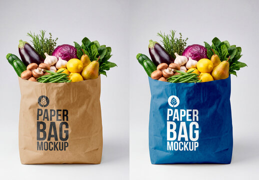 Paper grocery bag mockup with fresh food isolated minimal style