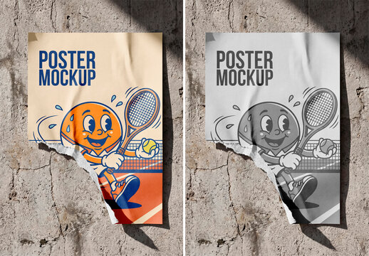 Torn blank poster mockup on textured wall