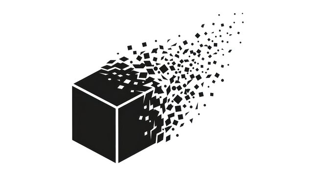 Black cube dissolving into particles.
