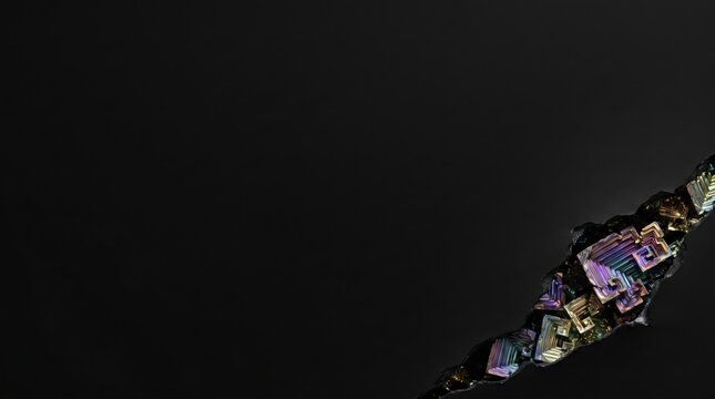 Minimalist dark background with iridescent bismuth crystal revealed through a crack and massive copy space
