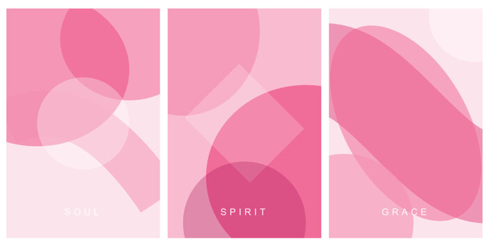 Abstract pink geometric poster set with words soul, spirit, grace minimalist modern vertical banner design. Vector illustration.