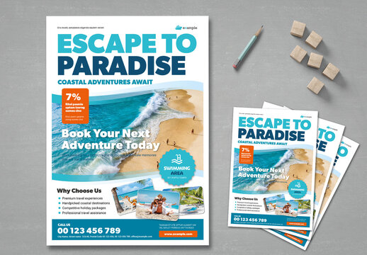 Ocean Travel DL Flyer Template in White and Blue with Orange Accents