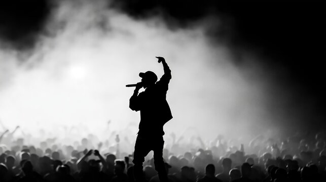 Rapper performing on stage at a live concert, silhouette against bright crowd and dramatic lighting