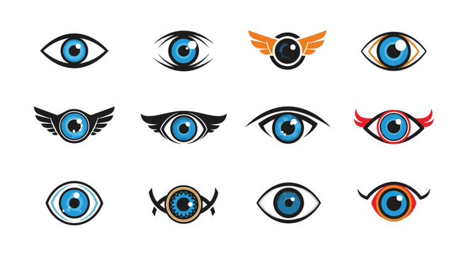 Collection of twelve blue eye icons and logo designs featuring various styles such as wings eyelashes and mechanical details for vision themes.