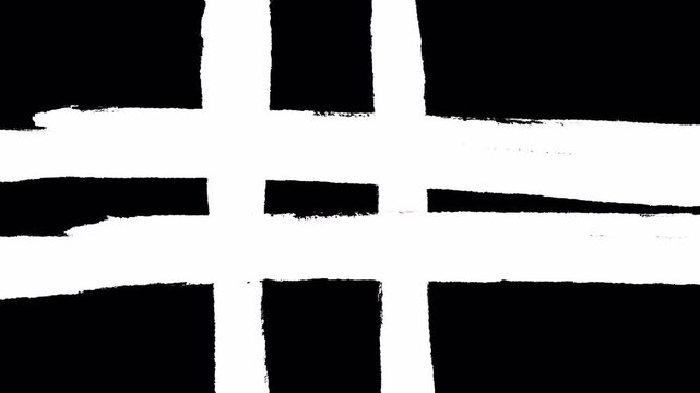 Dynamic white brush strokes forming a grid pattern on a black background.