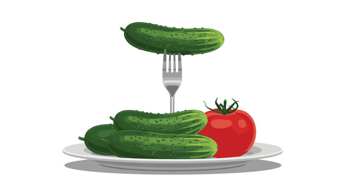 Healthy meal concept with fresh green cucumbers and a ripe red tomato on a white plate with one cucumber slice held by a fork.