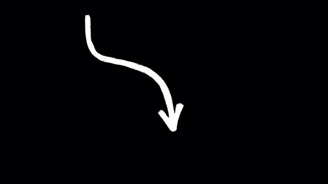 Hand drawn white arrow animation pointing downwards on a black background.