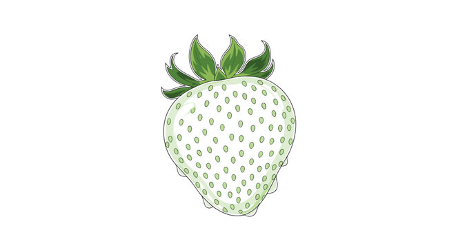 Detailed illustration of a rare white strawberry with green leaves on top and tiny seeds visible on its surface against a white background.