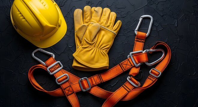 Safety equipment for construction work including yellow hard hat, leather gloves, and orange safety harness on black background
