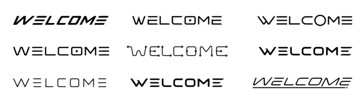 Collection of futuristic Welcome typography designs featuring modern technology-inspired lettering, cyberpunk wordmarks, geometric typography, AI-inspired text layouts, digital branding elements, and 