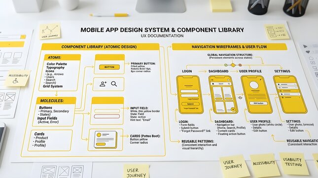 Visualizing a comprehensive mobile application design system and component library layout with user interface documentation atomic design principles and navigation pathways presented on a large
