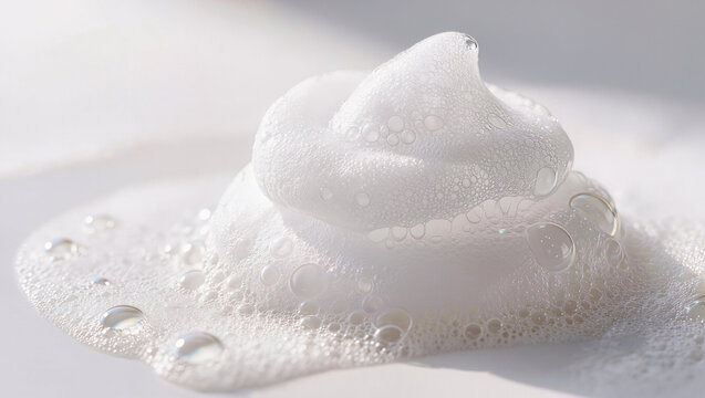 Premium white cleansing foam dollop texture closeup with delicate bubbles, gentle skincare cleanser swatch concept, editorial beauty photography with copy space
