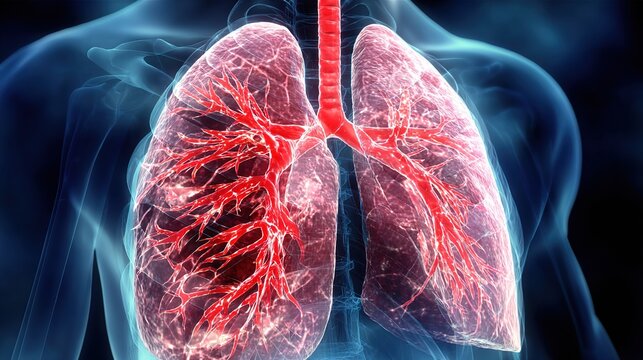 3D medical anatomical illustration of acute pulmonary embolism, blockage of pulmonary artery by blood clot inside human lung vascular system, cross-section respiratory organ anatomy showing thrombus 