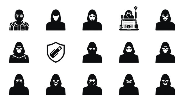 Hacker figures wearing hoods are displayed in a grid to symbolize cybersecurity threats and digital risk.