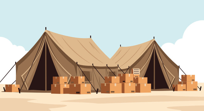 Military base or relief camp features large beige tents and numerous cardboard boxes in a dry desert landscape.