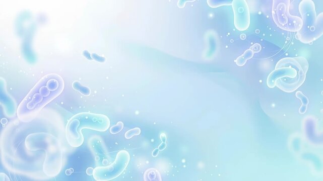 Animation shows different types of bacteria and microorganisms moving around in vibrant colors in a simple design. This visual highlights their shapes and behaviors in detail