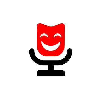 Smiling Comedy Mask on Microphone Logo Icon for Podcast or Stand-Up Comedy