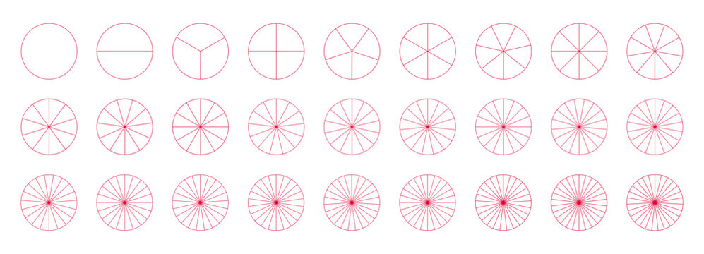 Pie chart layout. Segmented red charts templates. Many number of sectors divide circle on equal parts. Outline graphics. Pizza chart mockups set. Simple segments infographic. Flat diagram wheel parts.