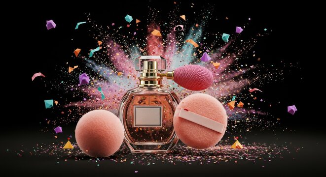 Luxury fragrance bottle surrounded by powder puffs and colorful confetti explosion in high-end studio beauty product setup