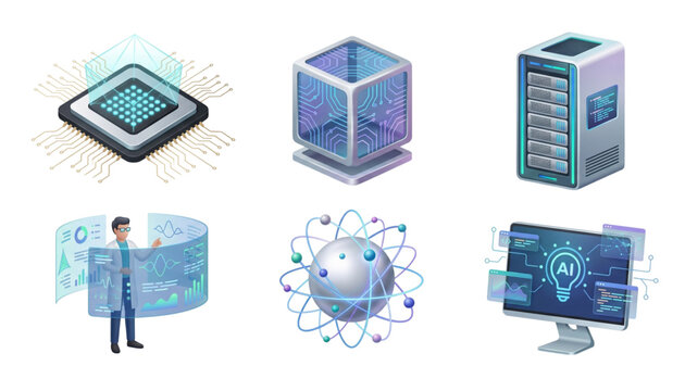 artificial intelligence and quantum computing technology icon set on transparent background