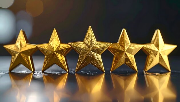 Five golden stars gleam on a dark, reflective surface