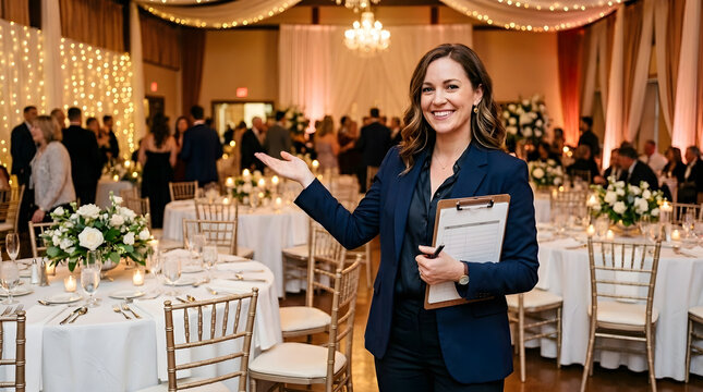 Professional Event Planner holding Clipboard in Elegant Ballroom | Successful Woman Wedding Coordinator Organizing Luxury Reception | Hospitality Management and Banquet Hall Party | Service Host