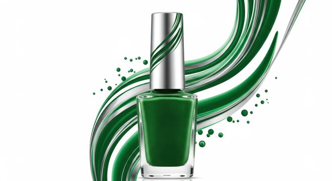 Modern green nail polish bottle with artistic swirling pattern displayed on clean white background for beauty branding