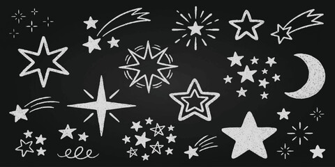 Set of hand drawn doodle stars and moon shapes on a dark chalkboard background © mahedi