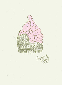 Colosseum reimagined as surreal ice cream cone poster with lettering drawing on beige background