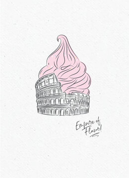 Colosseum reimagined as surreal ice cream cone poster with lettering drawing on watercolor paper background