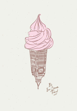 London clock tower reimagined as surreal ice cream cone poster with lettering drawing on beige background