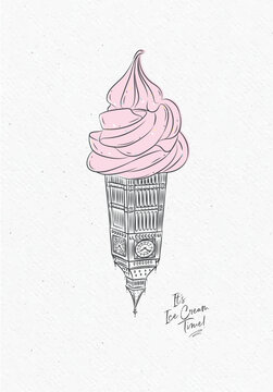 Big Ben clock tower reimagined as surreal ice cream cone poster with lettering drawing on watercolor paper background