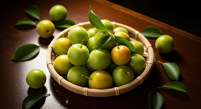 Ume Plums, Fresh Plums, fresh green ume plums in bamboo basket harvest, warm cozy atmosphere, Dark Izakaya, Flatlay view