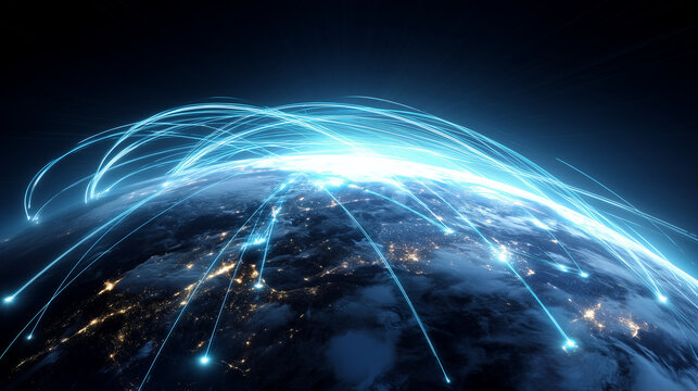 International Friendship Day futuristic global network around Earth, blue light trails in space, digital friendship, worldwide communication, unity, peace, kindness, technology, su