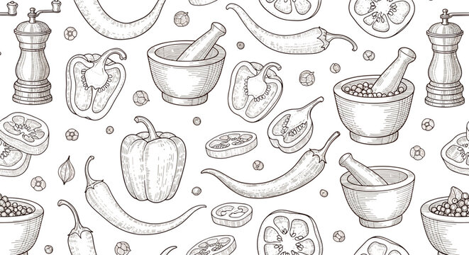 Seamless pattern of hand drawn kitchen tools and organic ingredients including chili peppers bell peppers mortar and pestle for cooking.
