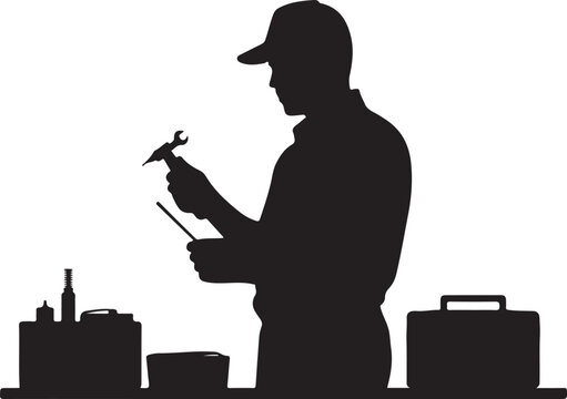 Silhouette of man holding hammer and chisel with toolboxes