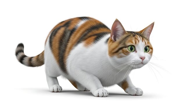 A beautiful calico cat with green eyes in a playful pouncing stance on a clean white background, ready to spring into action.