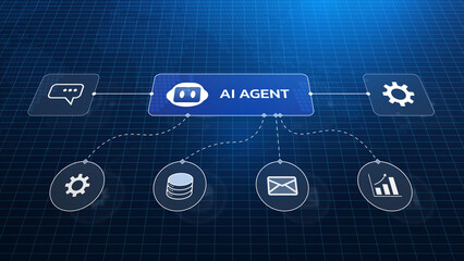 Naklejka premium AI Agent Interface: A conceptual graphic illustrating an AI agent connecting to various digital functions like messaging, settings, database, email, and analytics, depicted on a blue grid background.