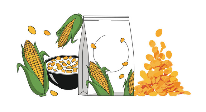Composition showing fresh yellow corn on the cob next to a bag of cereal and a bowl of crispy golden corn flakes with milk.