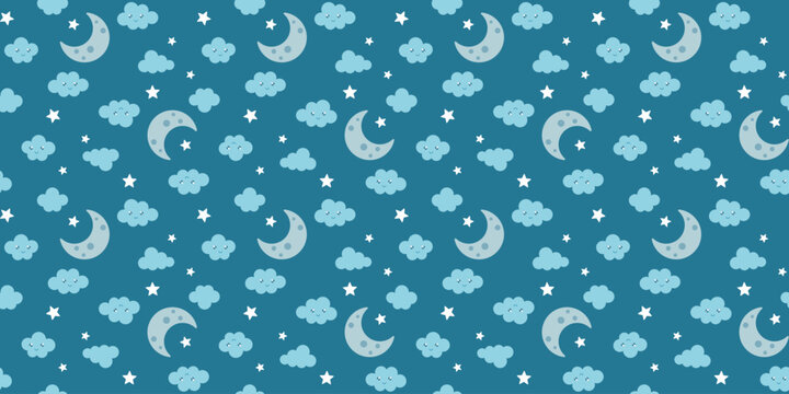 Gray crescents, white stars and blue clouds with cute faces on a dark turquoise background. Endless texture with a night sky and a moon. Vector seamless pattern for giftwrap, surface texture and print