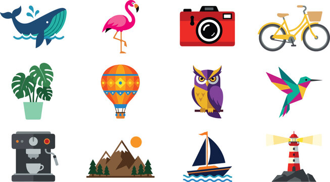 Modern Flat Vector Icon Set Featuring Animals Nature Wildlife Travel Leisure and Outdoor Adventure Elements for Web and Graphic Design Projects