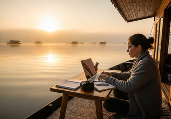 Fototapeta premium Professional Working on Laptop Beside Calm Lake at Sunset in Minimalist Remote Office Environment