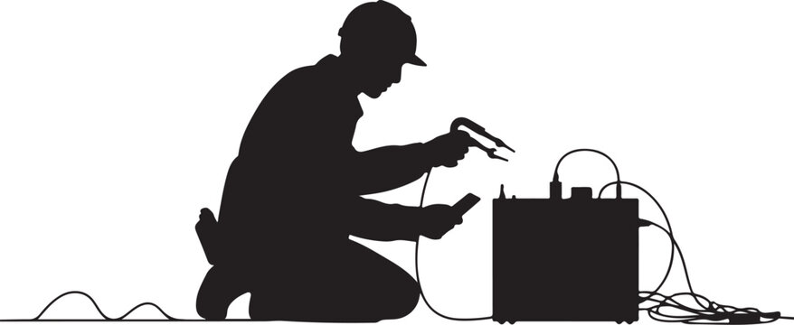 Silhouette of man kneeling with welding equipment worker