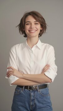 Smiling Woman in White Shirt and Jeans Portrait of Confidence young