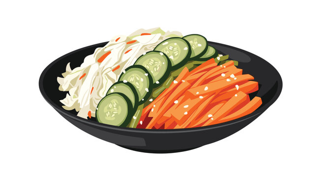Healthy vegetable bowl filled with sliced cucumbers, shredded cabbage, and julienned carrots topped with white sesame seeds.