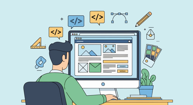 Web Developer Coding on Computer at Desk