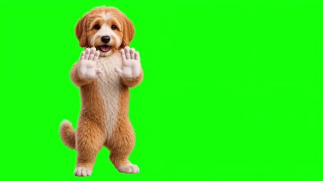 Realistic 3D dog Character Showing Stop Hand Gesture and Shaking Head, Isolated on Chroma Key Green Screen Background, Concept, Refusal, Rejection, Disagreement, Do Not Enter, Negative, Isolat