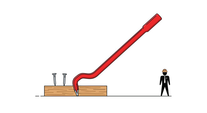 Red crowbar being used to pry nails out of a wooden plank with a small figure of a construction worker standing nearby.